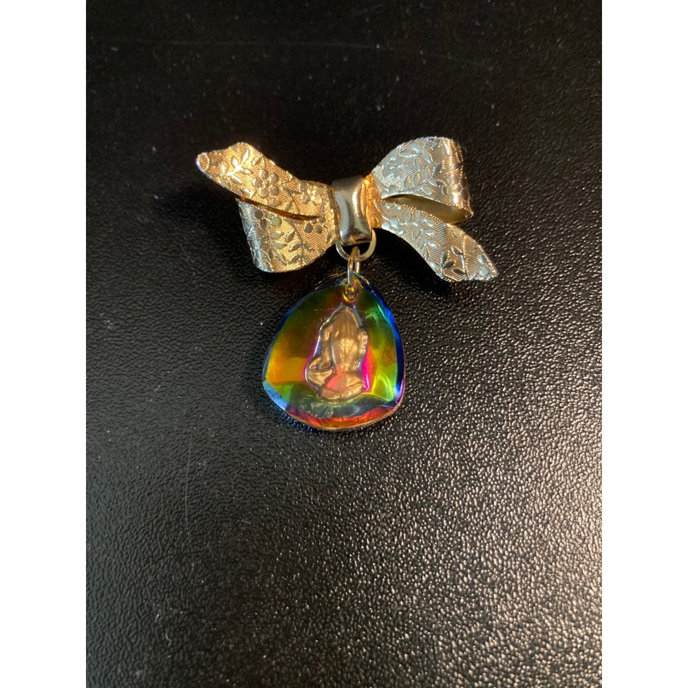 Vintage Gold Tone Bow Brooch Praying Hands Iridescent Glass Drop Religious Pin